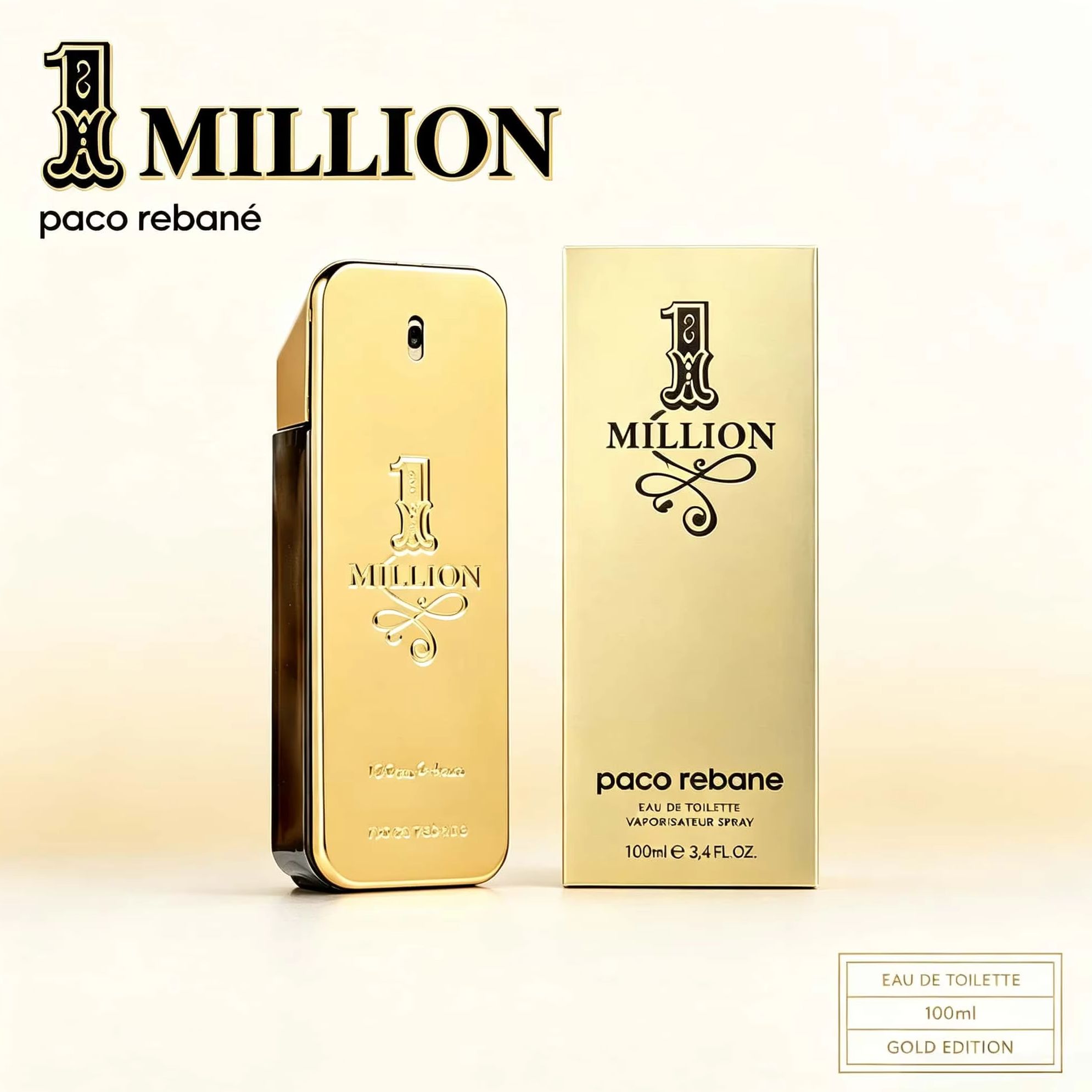 Perfume Alcohol Fragrance - パコラバン 1ミリオン オードトワレ ユニセックスフレグランス 100ml 高級感のあるゴールドメタリックの長方形ボトル